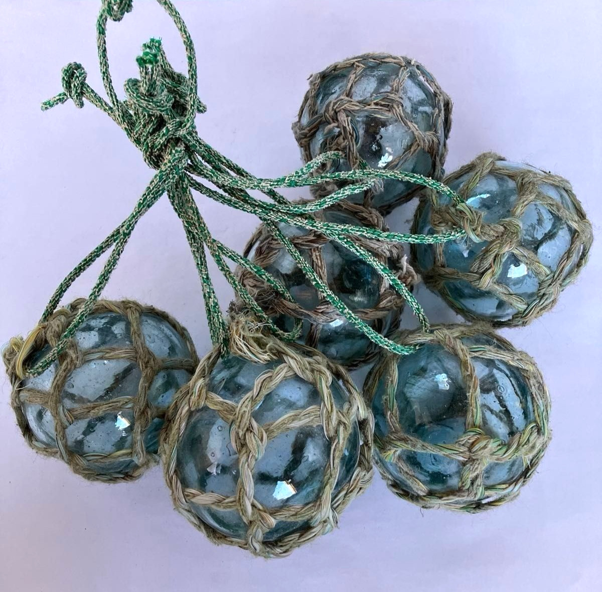 Vintage Japanese Glass Fishing Floats Set of 5 Round Buoy Balls Antique w/Net