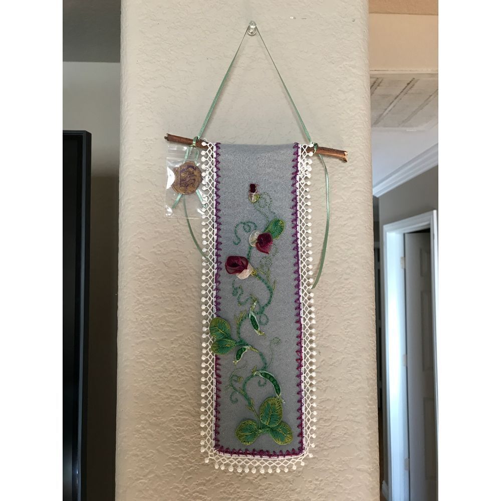 Pea Plant Embroidery Fiber Art handmade Ooak beaded felt Stumpwork Artettina USA