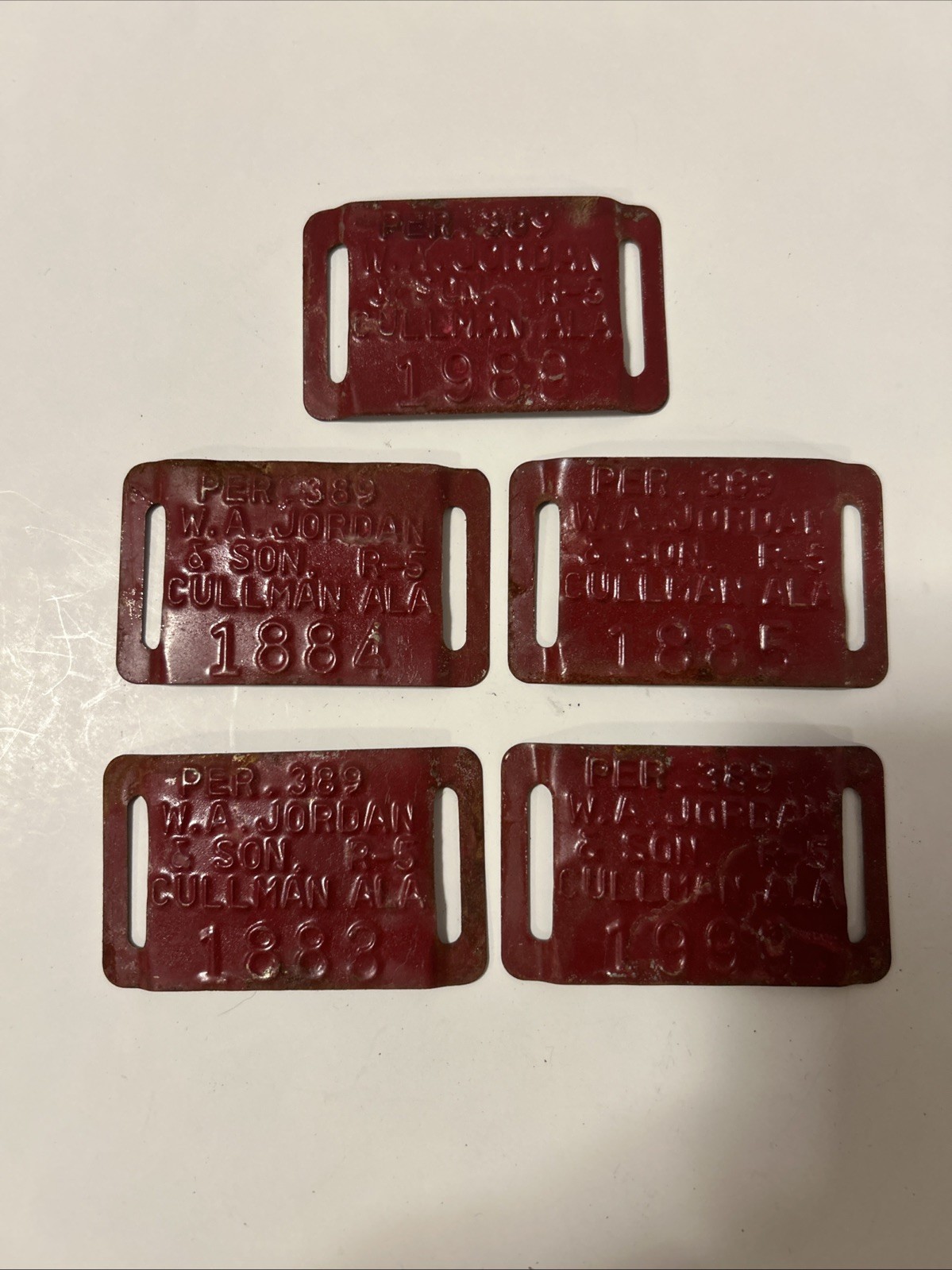 Red Metal W A Jordan & Son Cotton Tag Lot 5 Cullman Alabama