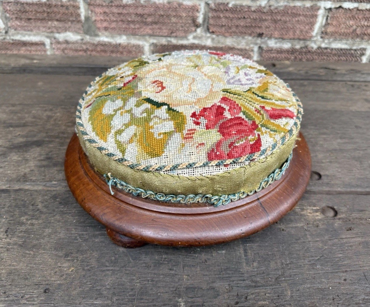 Antique 19th Cen Shabby Victorian Floral Needle Point Footstool Bun Feet Vintage