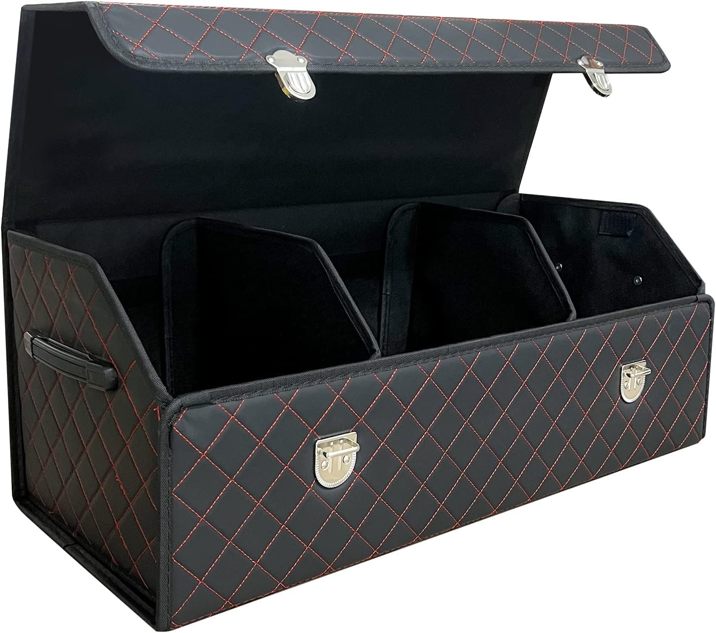 Car Trunk Organizer with Lid,Foldable Faux Leather Cargo Storage Box,3 Compartme