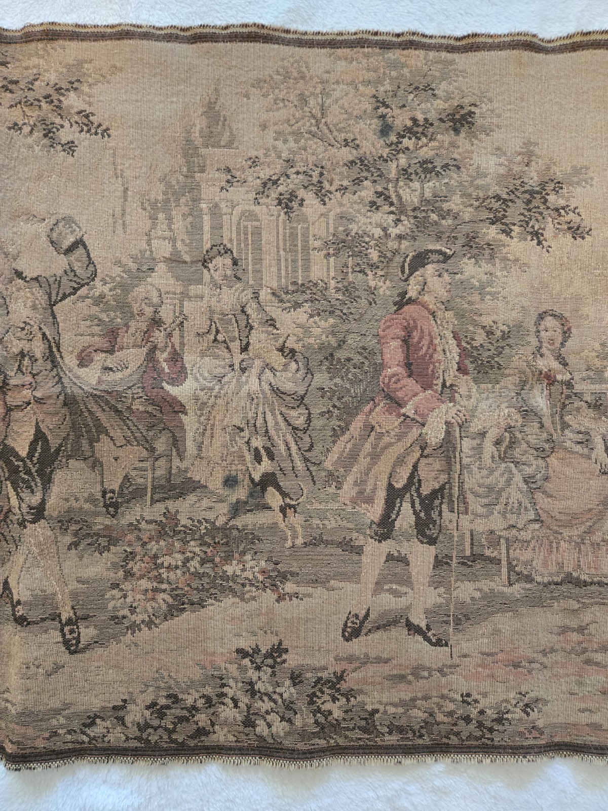 ANTIQUE HAND WOVEN TAPESTRY MADE IN BELGIUM PARTY SCENE VINTAGE 56” X 19”