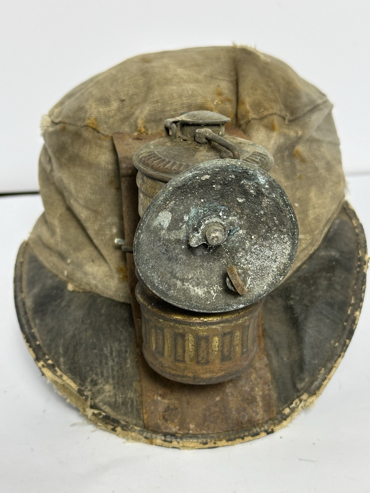 Antique Guy’s Dropper Carbide Miner Cap Lamp w Canvas Mining Hat Acetylene