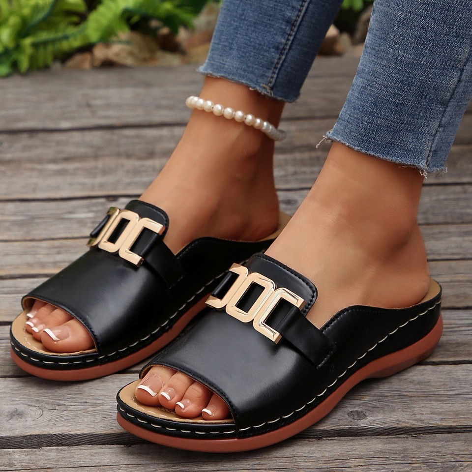 Ins Chain Wedges Sandals Summer Fashion Platform Peep-toed Slides Slippers Outdo