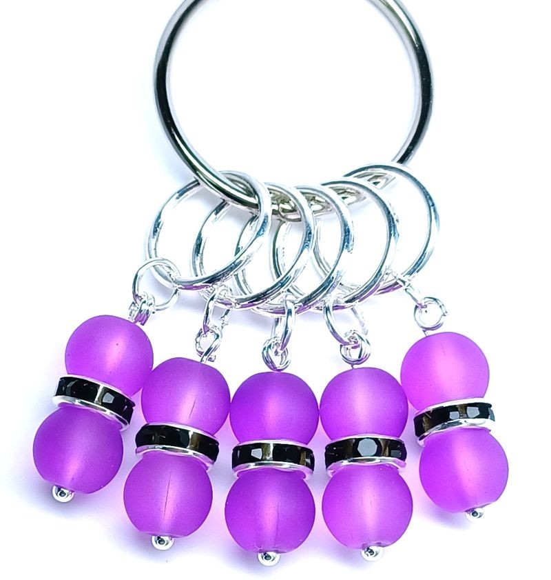 MikieLou Stitch Markers Premium Frosted Purple Glass Black Rhinestones Knitting