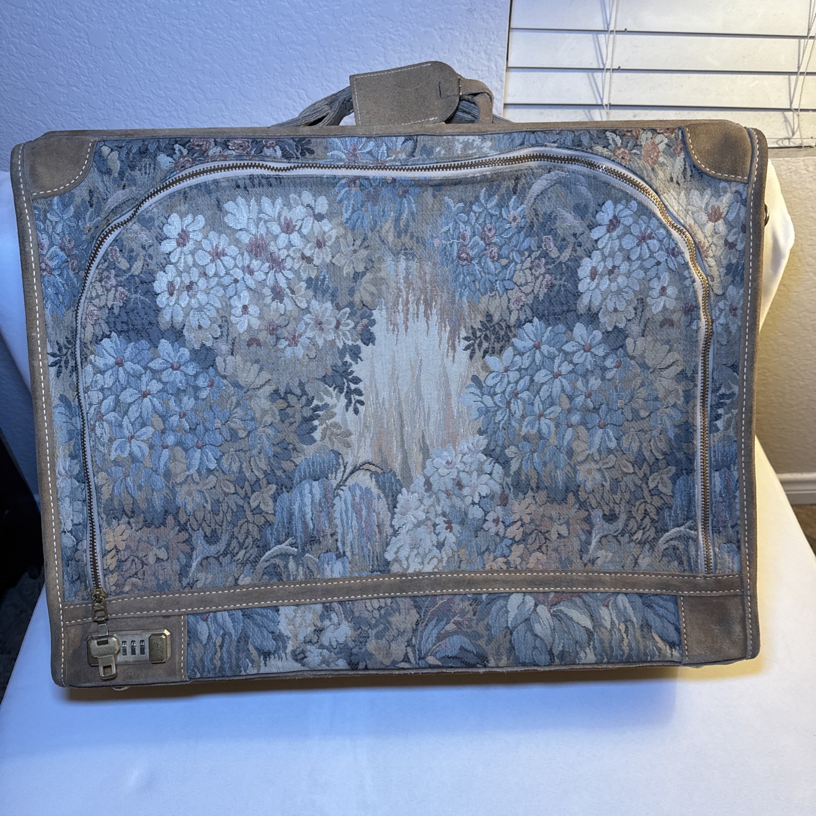 Vintage French Luggage Company Paradise Suede Tapestry suitcase Made in USA