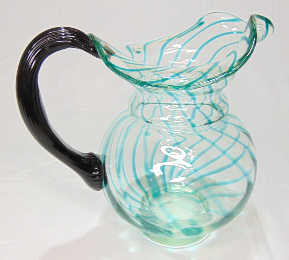 Murano Green Swirl Hand Blown Glass Pitcher 6.75 In Tall x 5.5 in Wide