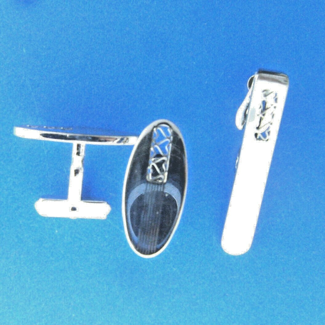 Swank Sterling Silver Cuff Links and Tie Bar Clip Set 