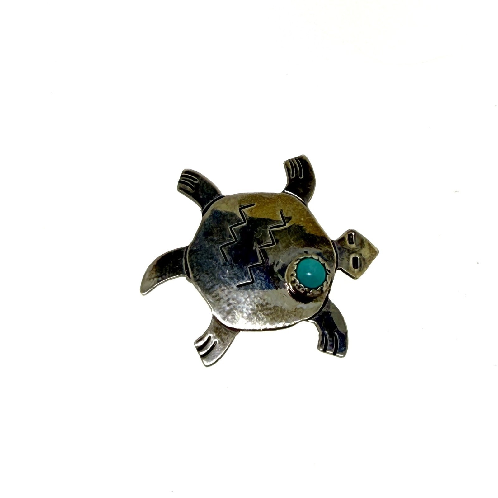 Vintage Zuni Sterling Silver Turtle Brooch Turquoise Inlay Native American