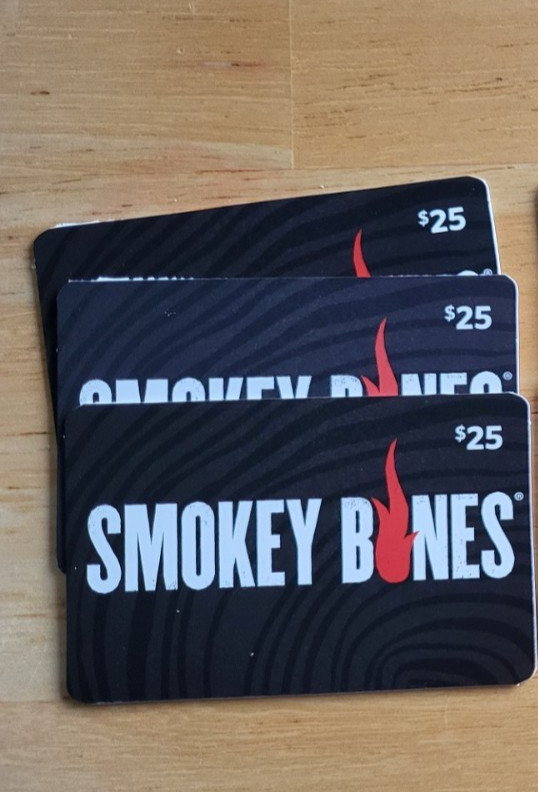 SMOKEY BONES GIFT CARDS LOT OF 3 CARDS AT $25 ea. FACE VALUE $75