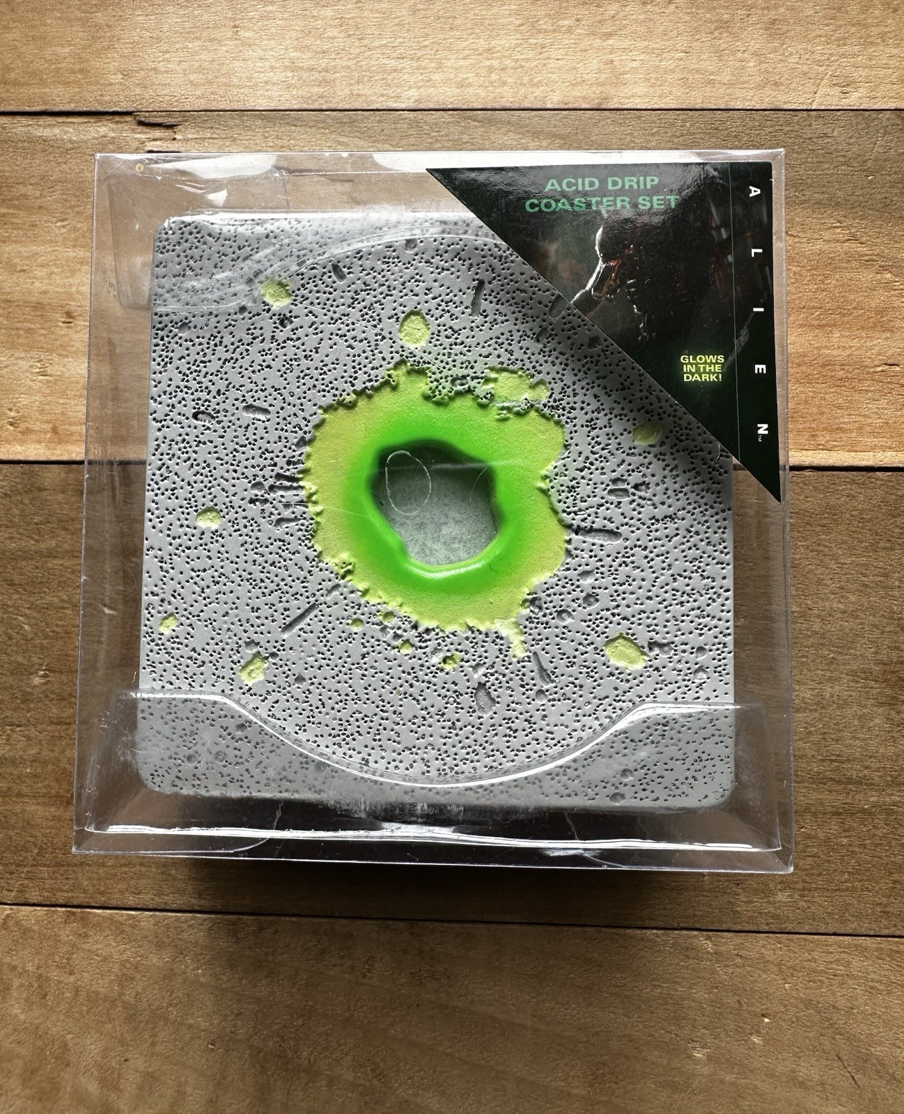 Set of 4  ThinkGeek Alien Acid Drip Coasters, Glow in the dark- 3 Grey & 1 Black