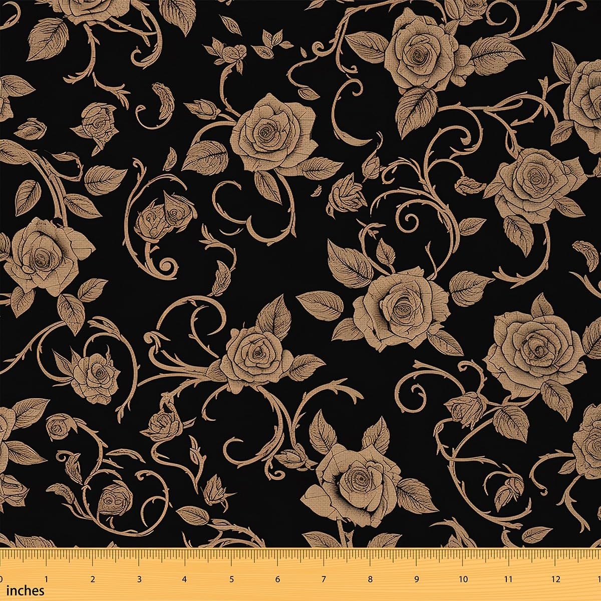Feelyou 3 Yard Vintage Black Gold Floral Upholstery Fabric Botanical Waterproof