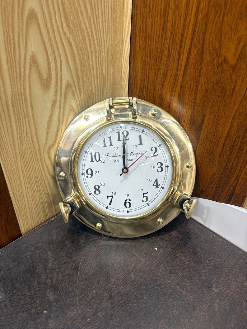 12 Inch nautical Brass Finish Ship Porthole With Clock Wall Hanging Décor