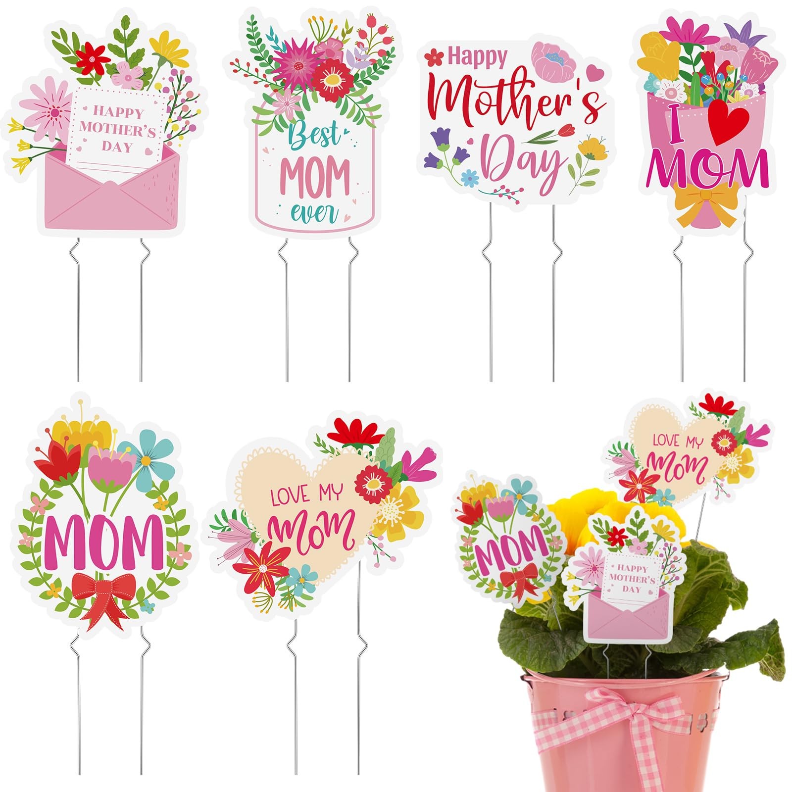 6 Pcs Mother's Day Plant Stakes Flower Pots Signs Metal Garden Stakes Outdoor...