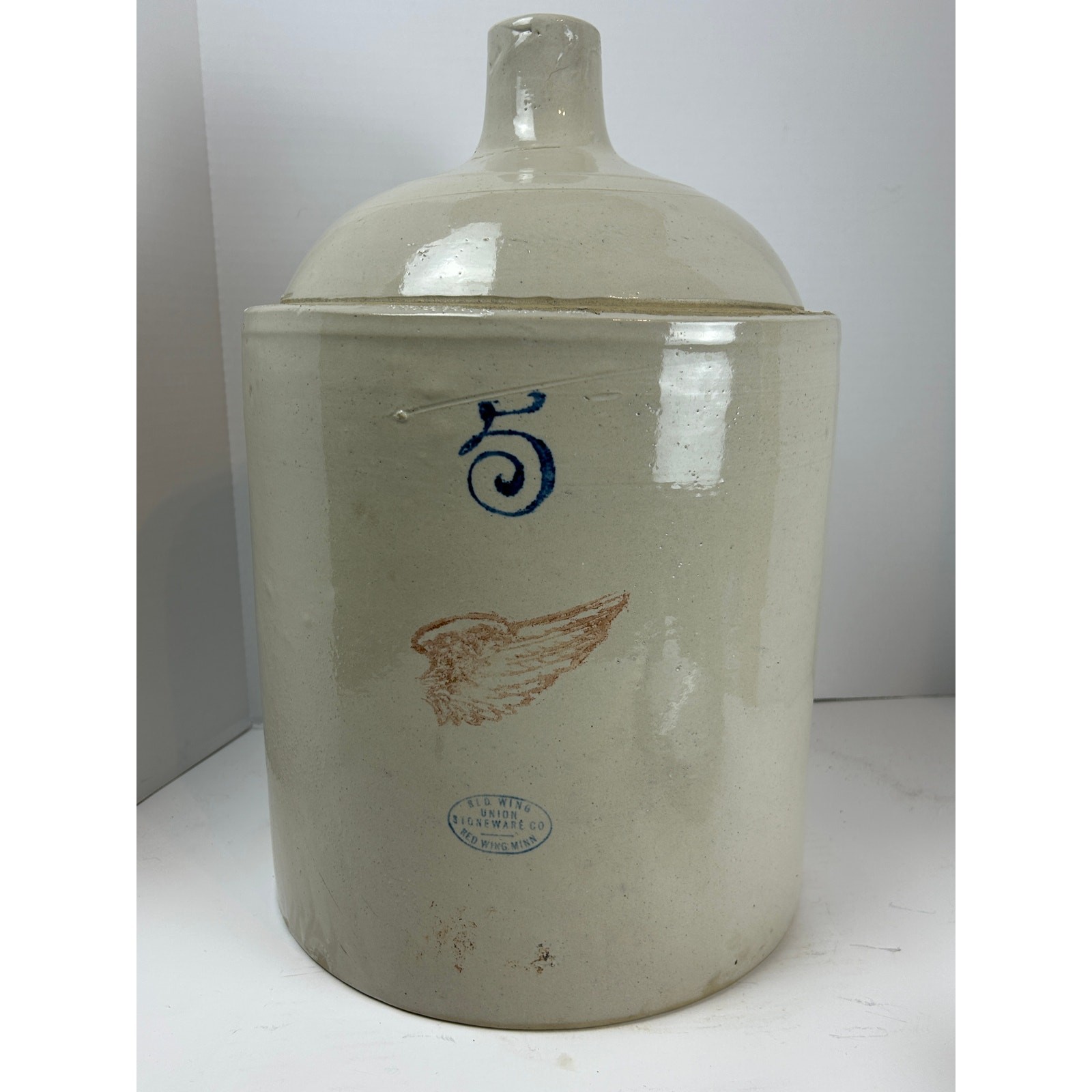 Red Wing Union Stoneware 5-Gallon Jug with Red Wing and Cobalt “5” Mark