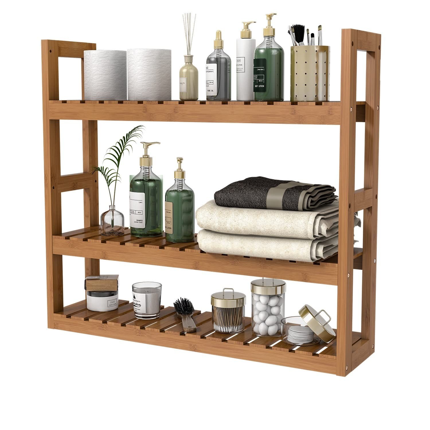 Domax Bamboo Bathroom Shelf 3-Tier Wall Mount Storage Rack Multifunctional Ad...