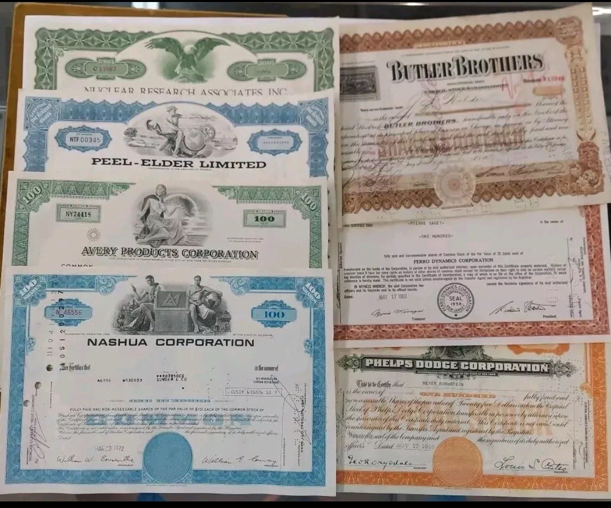LOT OF 7  VINTAGE   STOCK & BOND CERTIFICATES 40s,60s,70s
