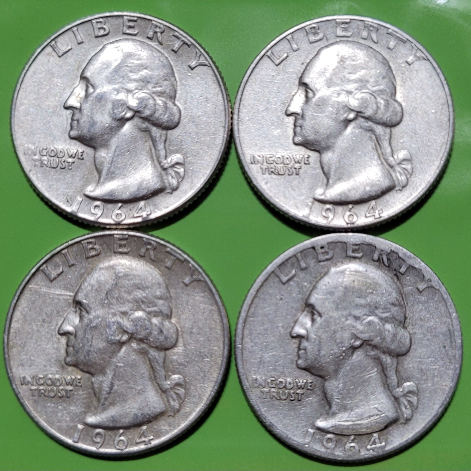 1964-D Washington Quarters 25¢ 90% Silver Coins Lot (Set of 4) Denver Mint