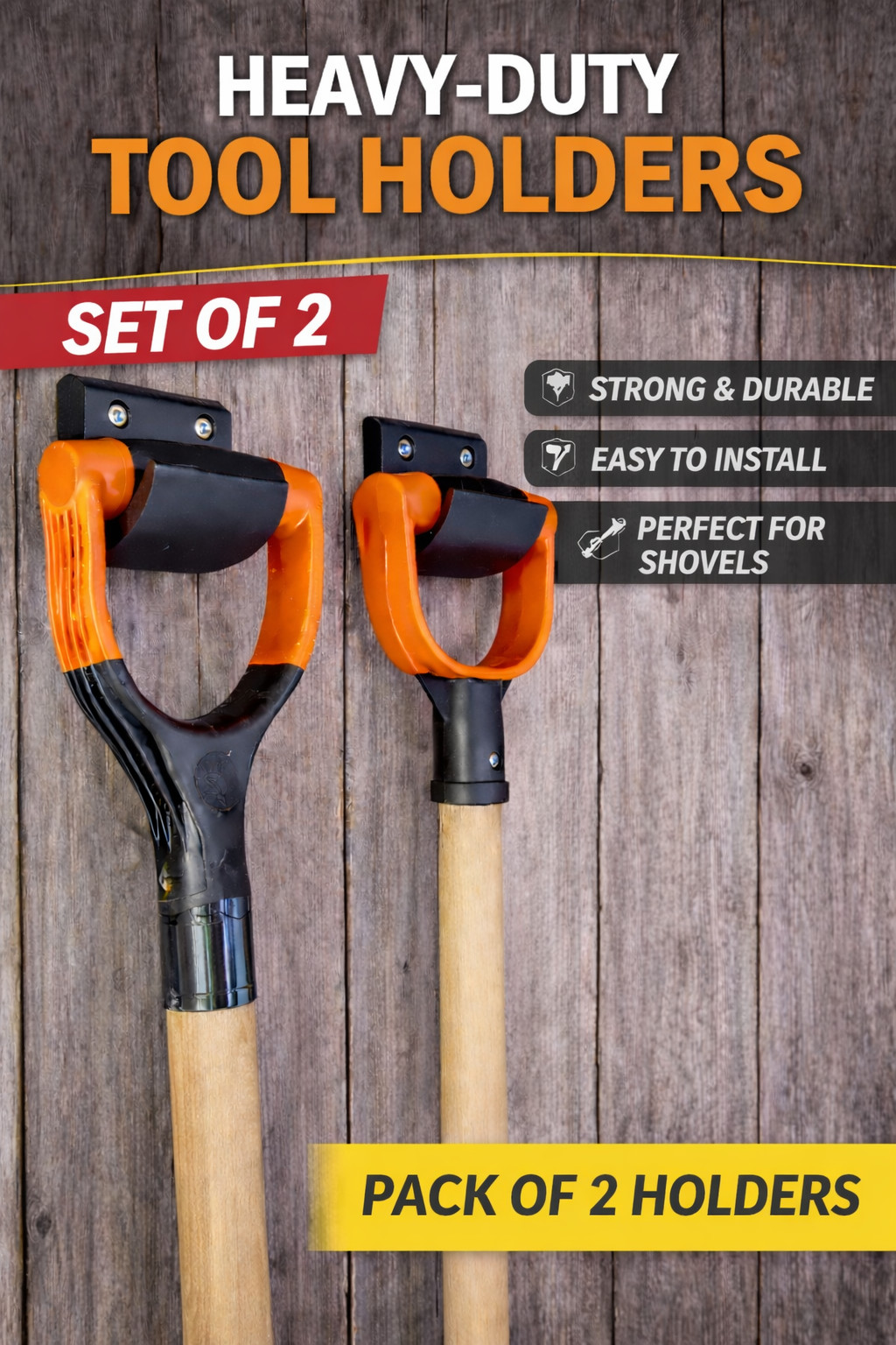 Heavy-Duty Tool Holders – Pack of 2 | Wall Mount Shovel Holder | Garage & Shed