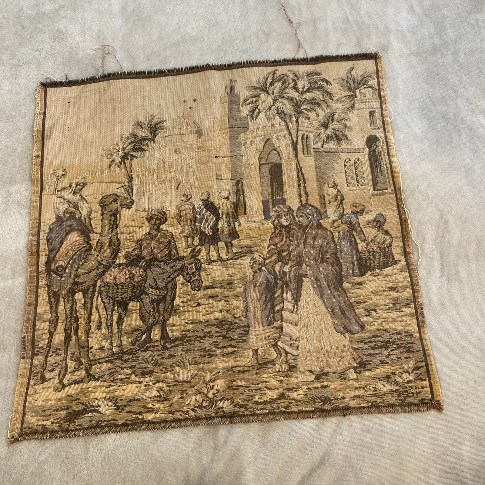 Vintage Woven Tapestry Middle Eastern Street Scene 19"x18" BELGIUM