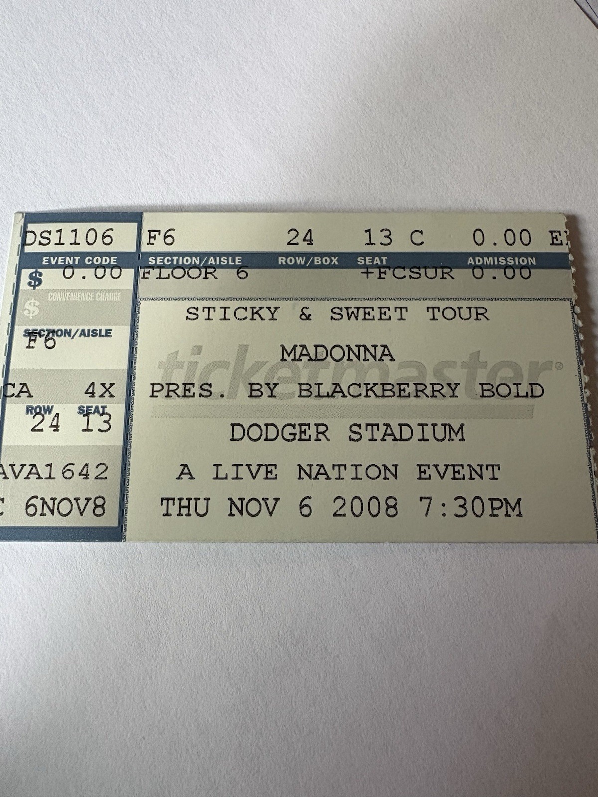 MADONNA ORIGINAL CONCERT TICKET STUB LA CA DODGER STADIUM STICKY SWEET TOUR 2008