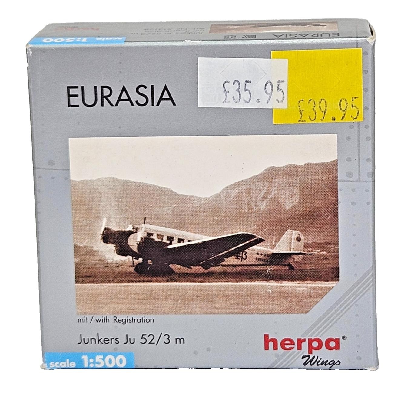Junkers Ju 52/3 m Eurasia Diecast Model Herpa Wings No.513128 Scale 1:500 Boxed