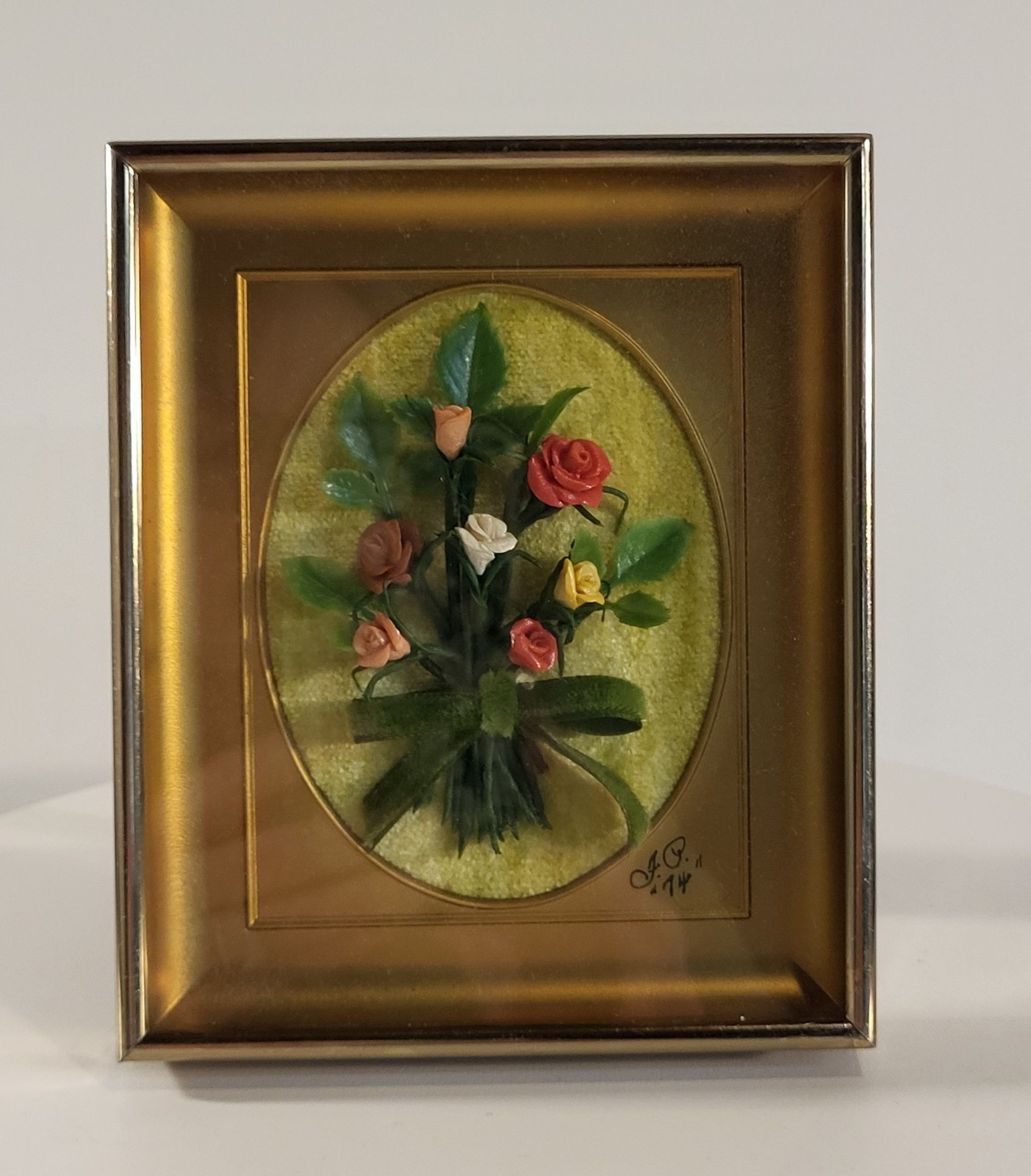 Vintage Mini 1974 Framed 3D Floral Shadow Box Roses Signed Gold Frame Decor