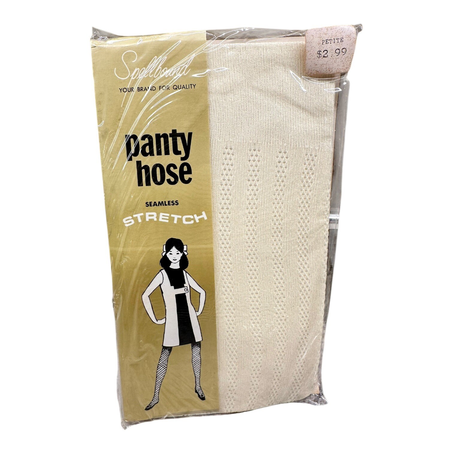 Vintage 60’s/70’s Spellbound Seamless Stretch Textured Pantyhose Ivory Petite