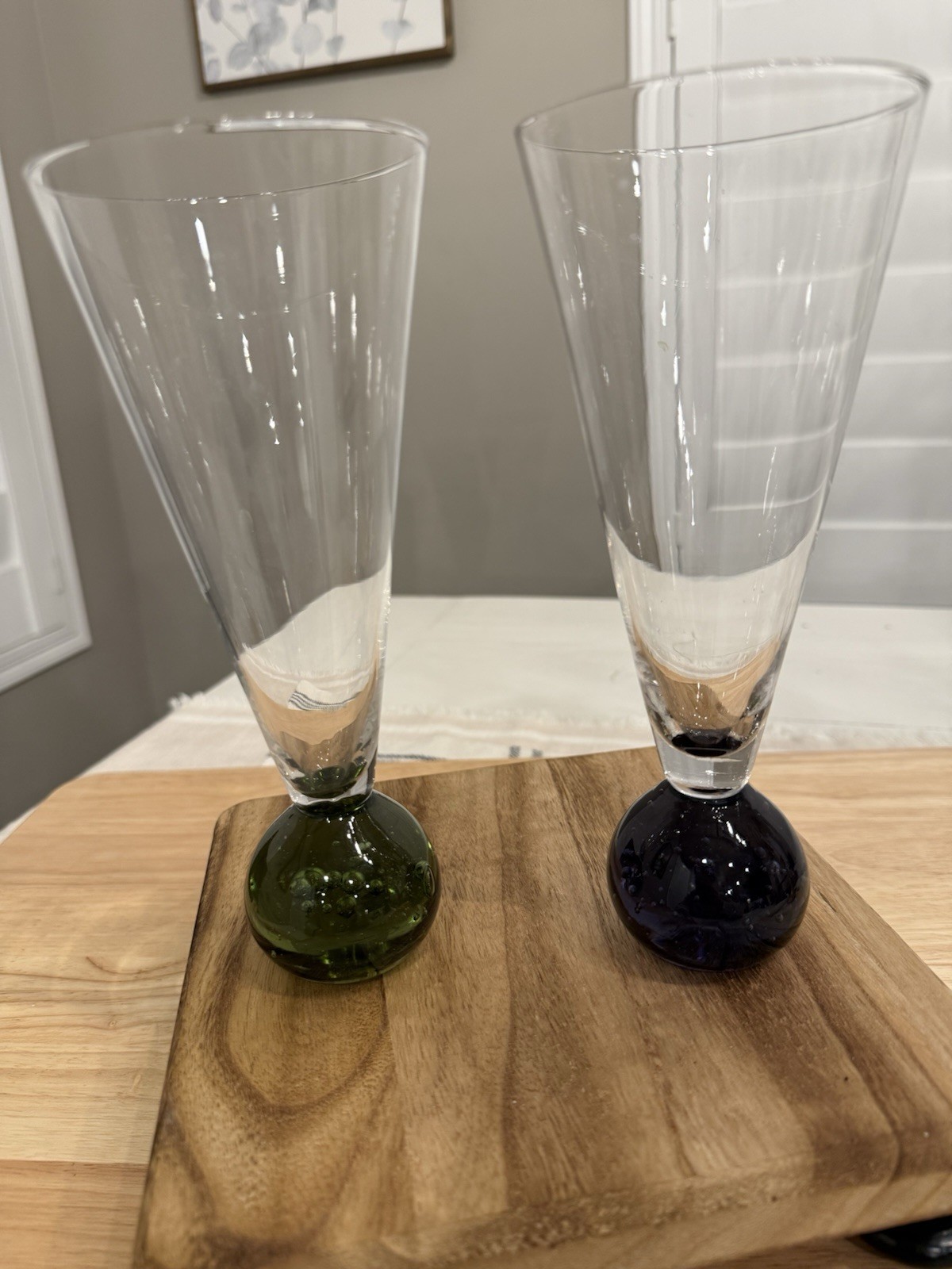 Vtg Hand Blown Glass Pilsner Set of 2 Clear Colored Bubble Bases Green Blue