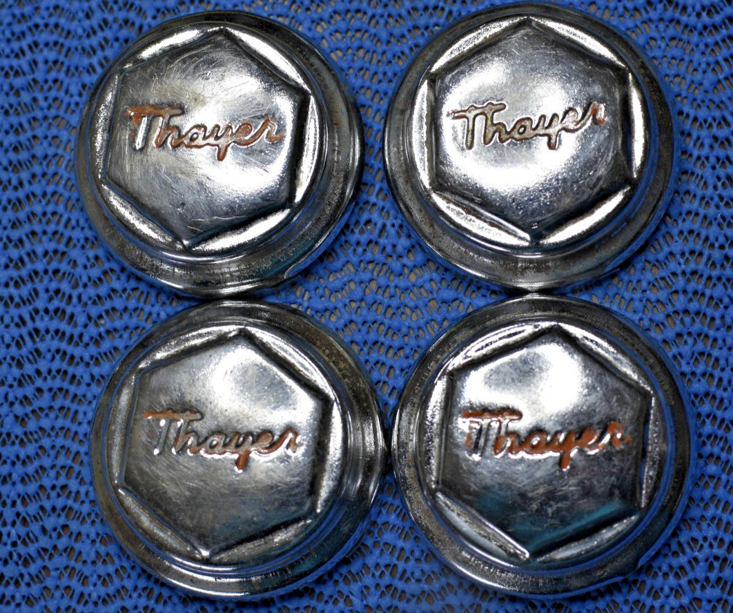 THAYER Antique (4) WHEEL CENTER HUB CAPS Baby Buggy Hubcaps, Chrome & Red