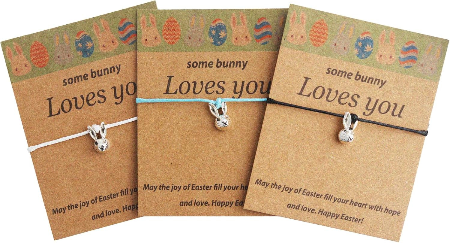 Easter Gifts for Girls Boys, 3 PCS Bunny Bracelets Friendship Pendant with Cards