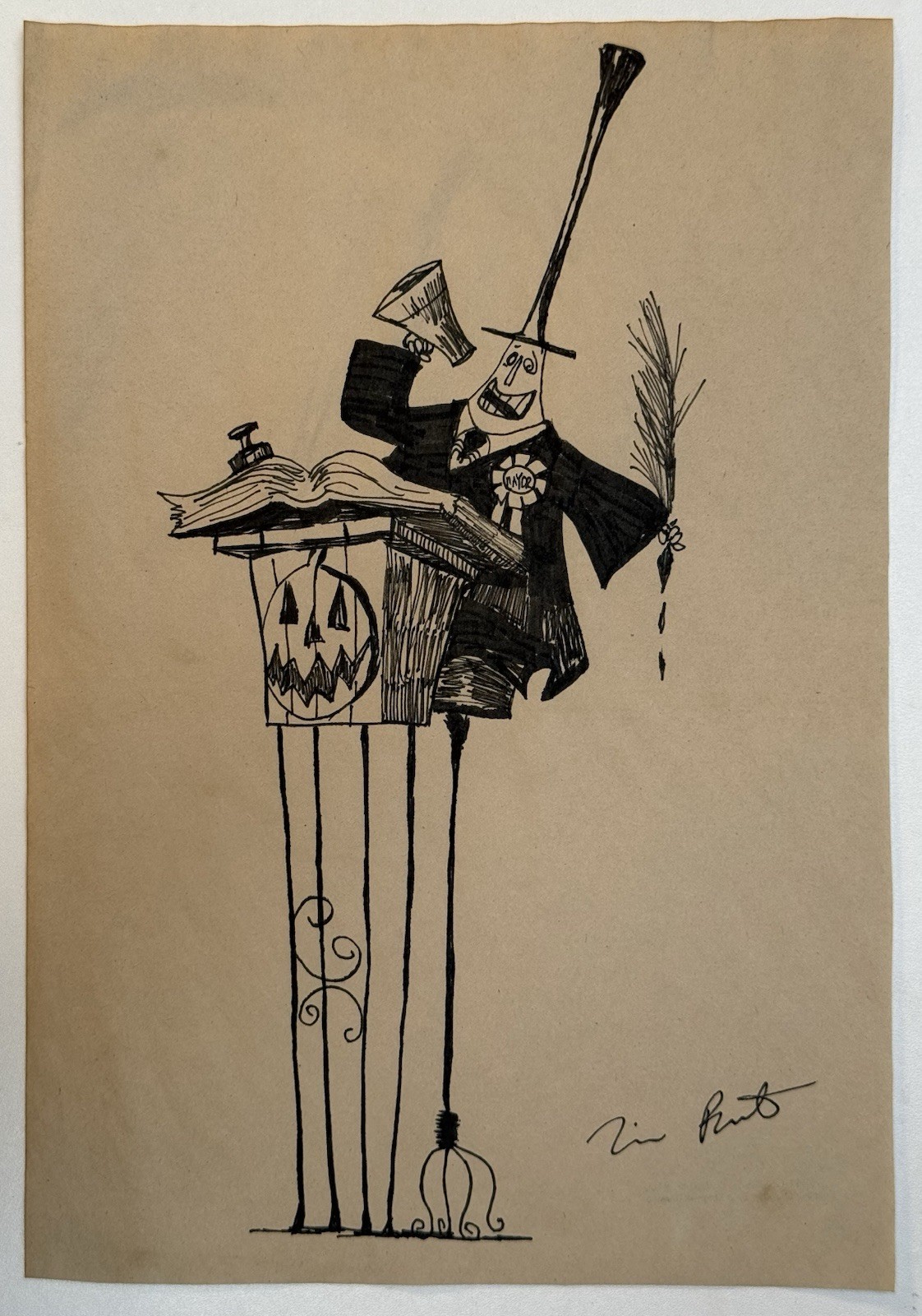 Tim Burton (Handmade) Drawing On Old Paper Signed, vtg art
