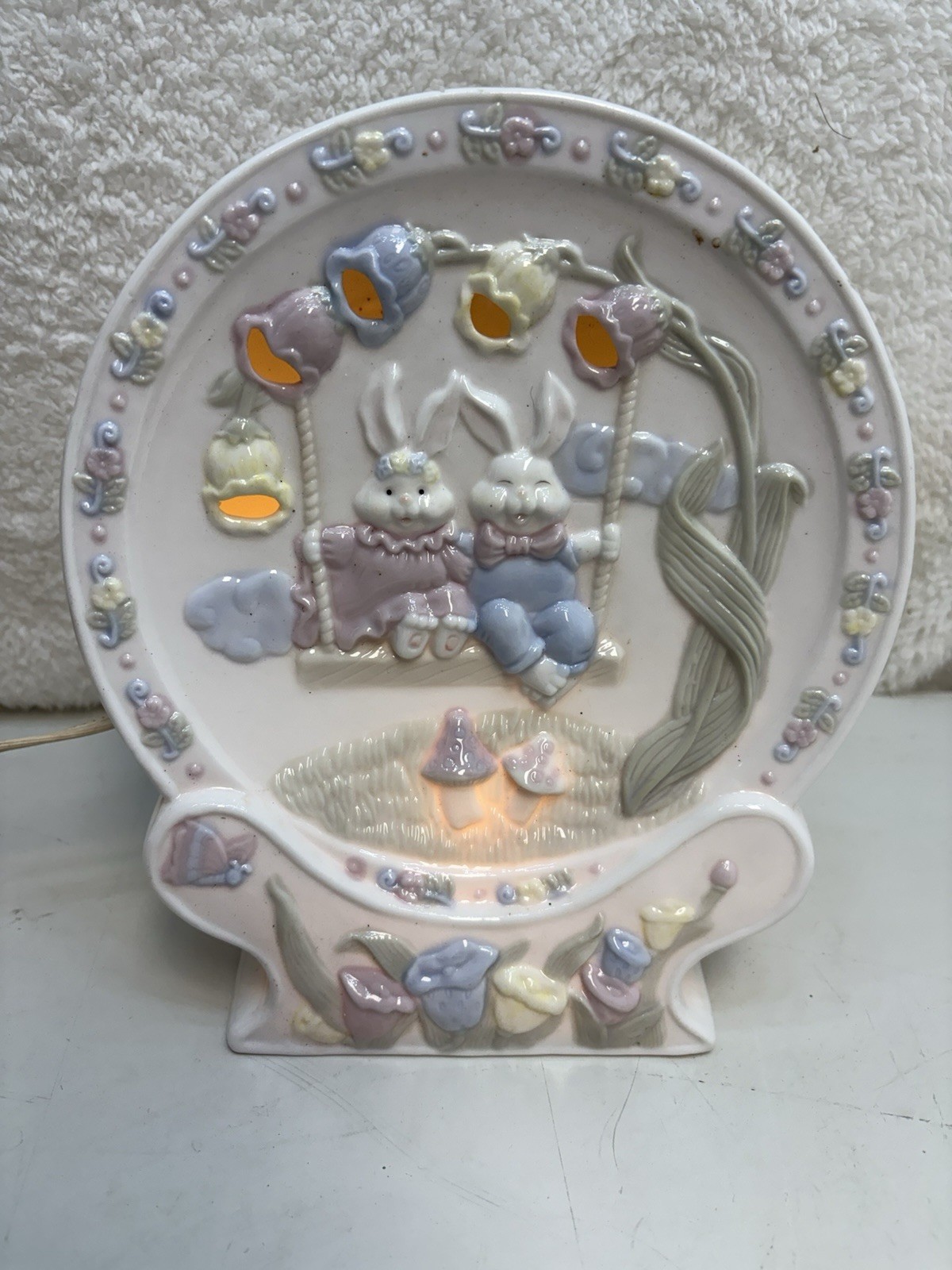 Vintage Easter Ceramic Light up Night Light Bunnies Flowers & Mushrooms