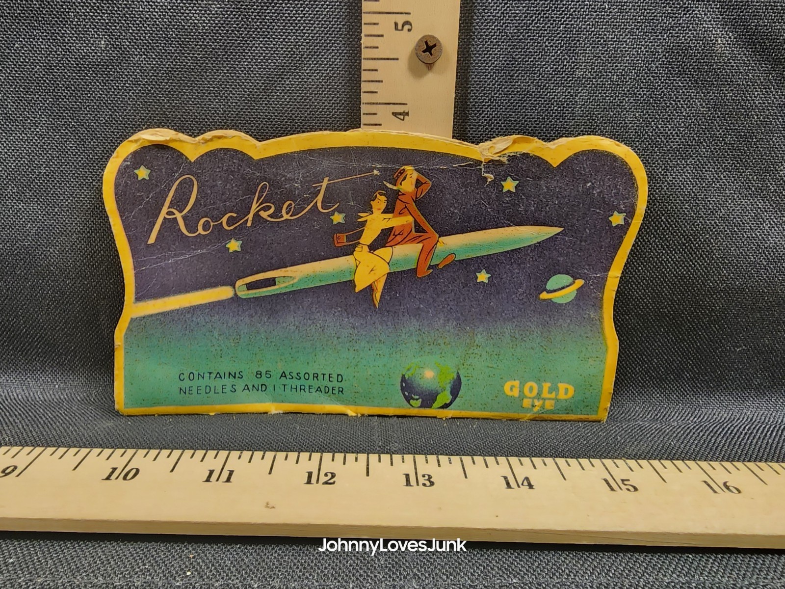 Vintage Rocket Gold Eye Needles Rocket Age Advertising Pin Up Used
