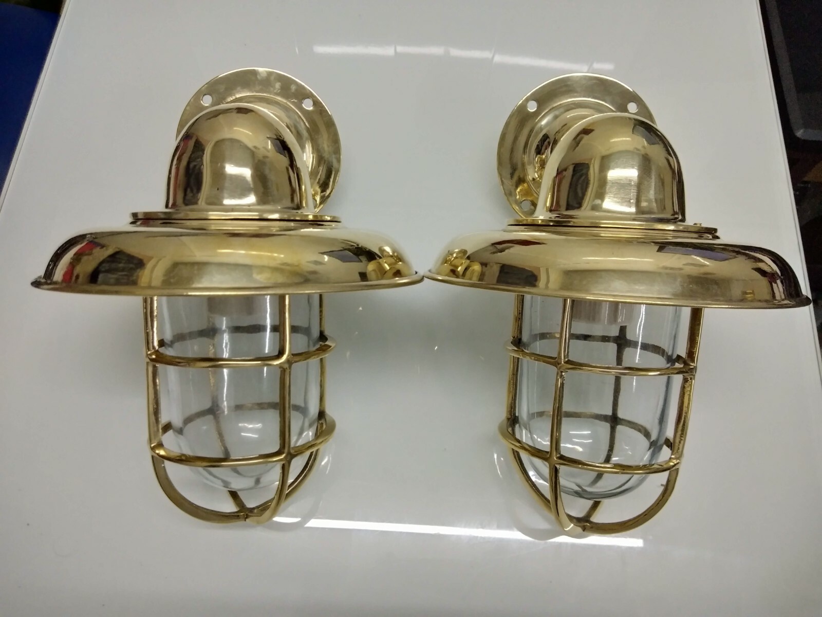 Nautical Appeal Brass Wall Mount Bulkhead Alley Patio Lights with Shade Set of 2