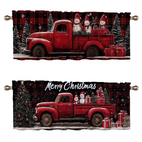 Kitchen Curtains 2 Set for Windows Red Black 52"W x 18"L (Pack of 2) Christmas