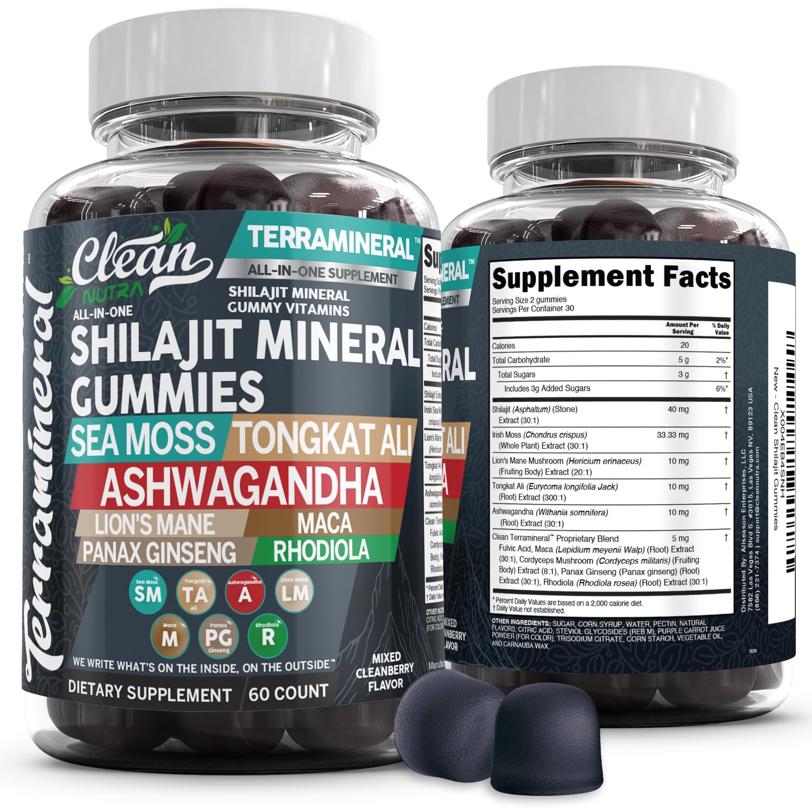 Terramineral Shilajit Gummies with Irish Sea Moss 60 Count (Pack of 1), Black 