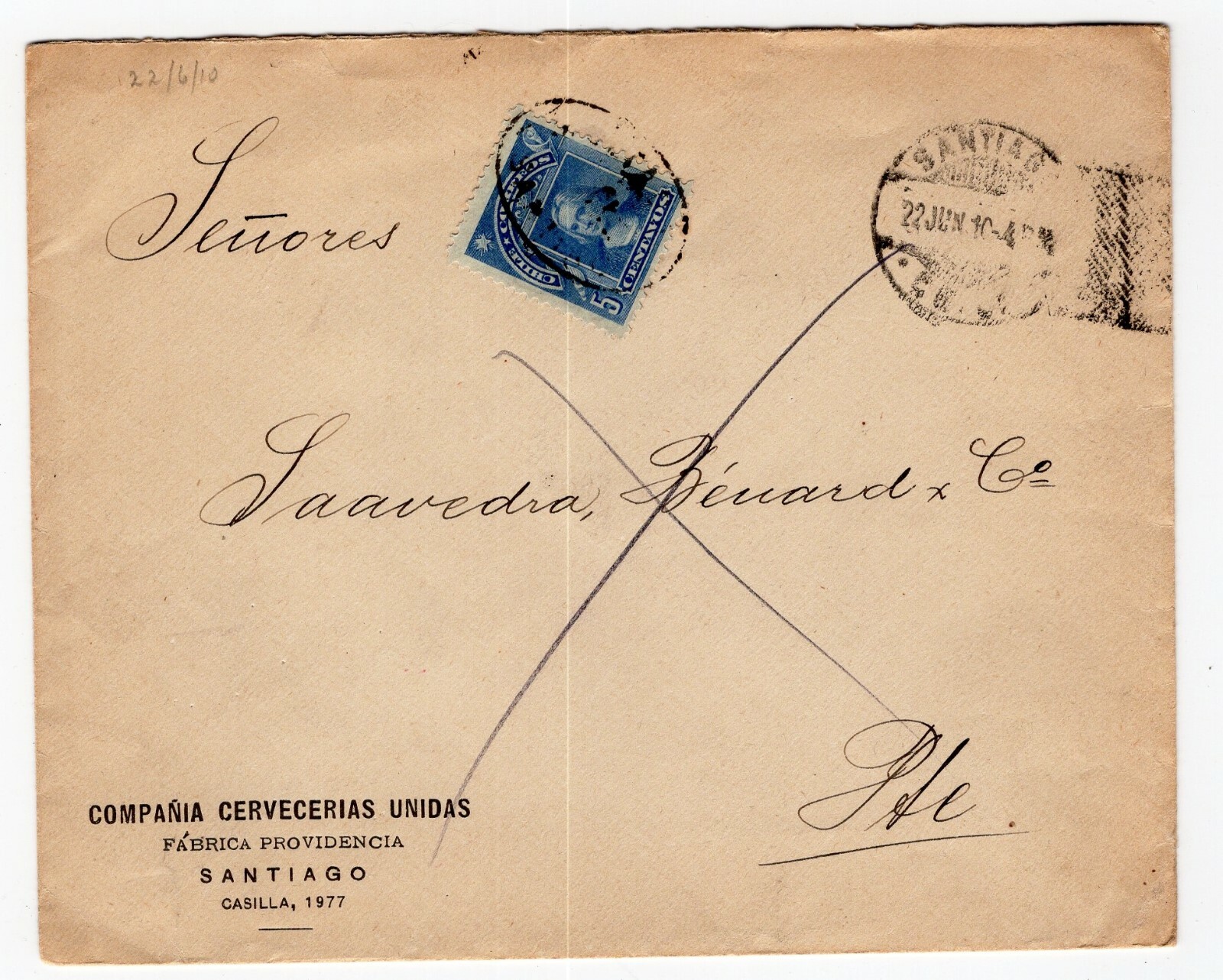 CHILE 1910 SANTIAGO MULTADA TAXED cover 5c due Advertising Commercial cover Beer