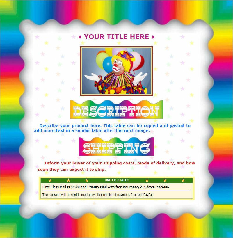 AUCTION TEMPLATE Rainbow Trim Colorful Border Frame Design - FREE SHIPPING