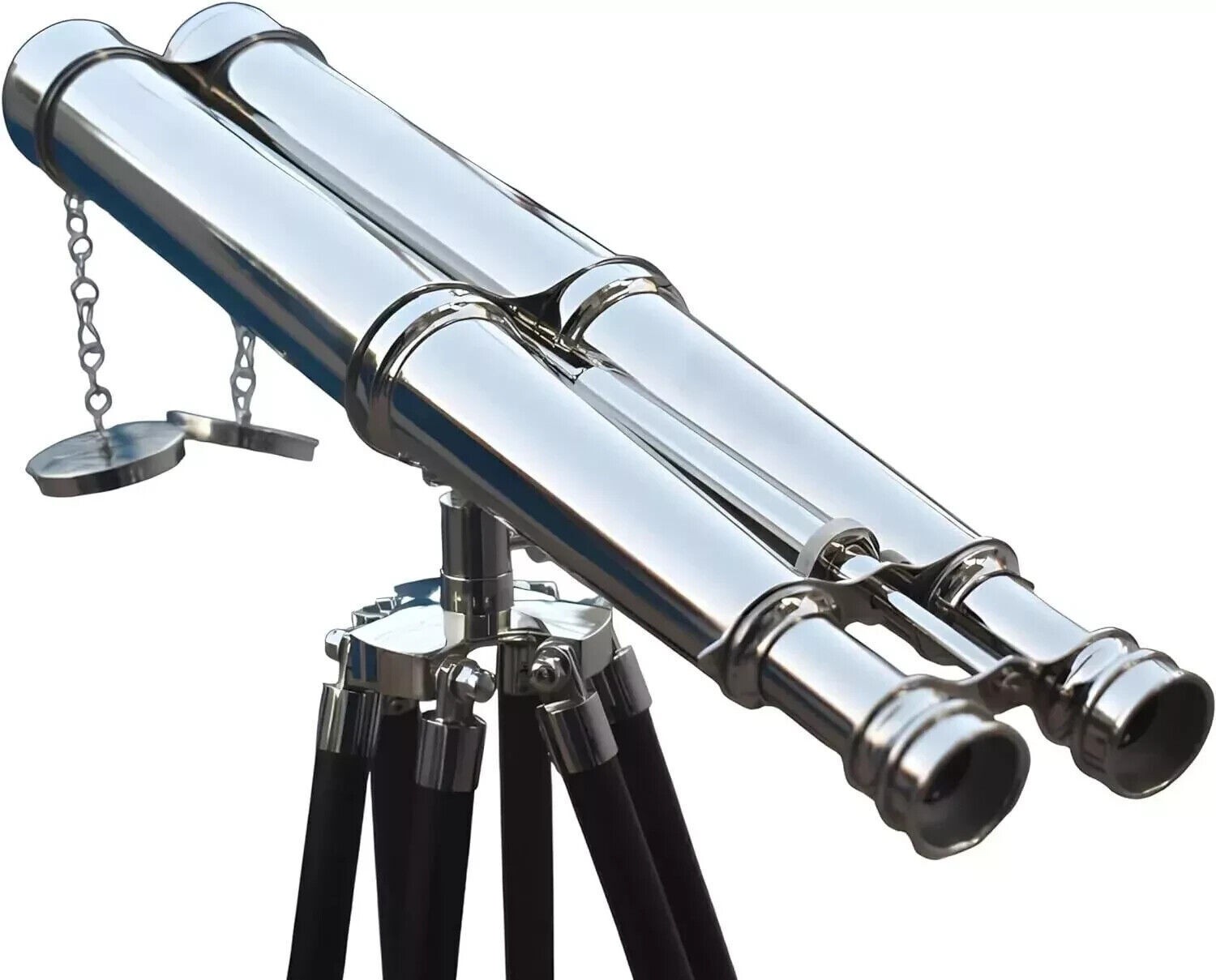 Chrome Maritime Brass Binocular with Wooden Tripod Stand Floor Telescope 18 inch