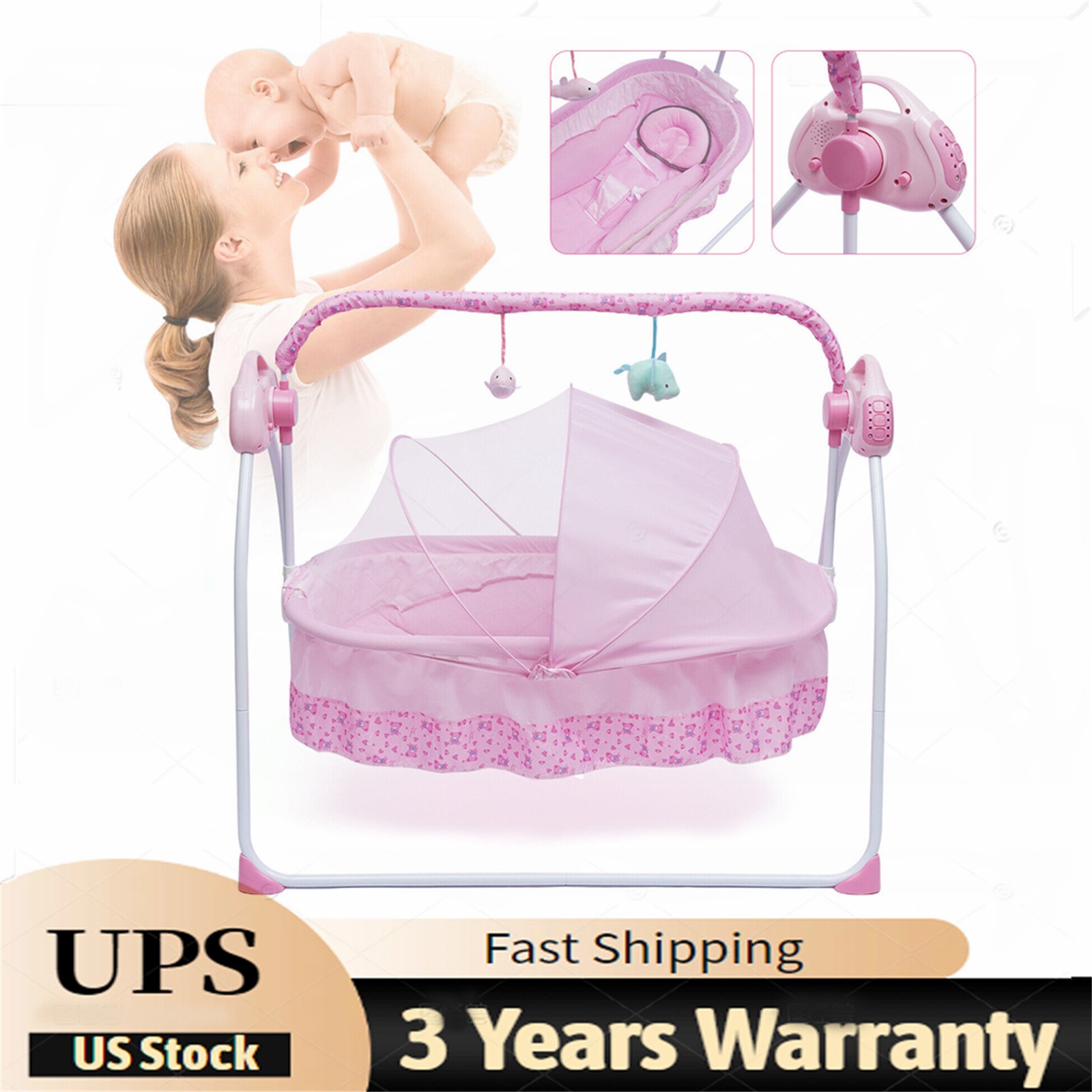 Pink Electric Baby Crib Cradle Auto-Swing Baby Newborn Bed Sleep Cradle + Mat