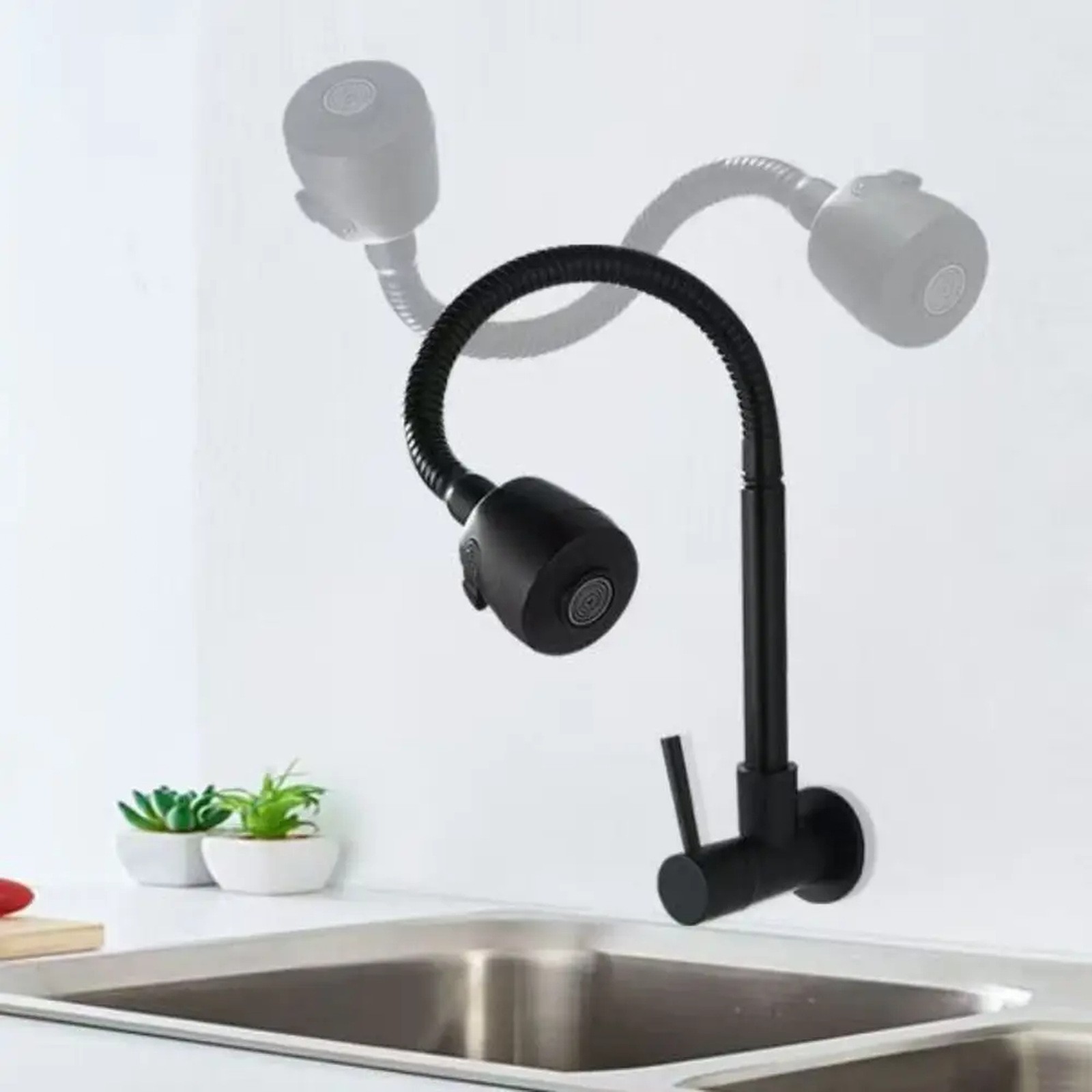 Wall Mounted Flexible Hose Kitchen Faucet Stainless Steel Rotatable Sink