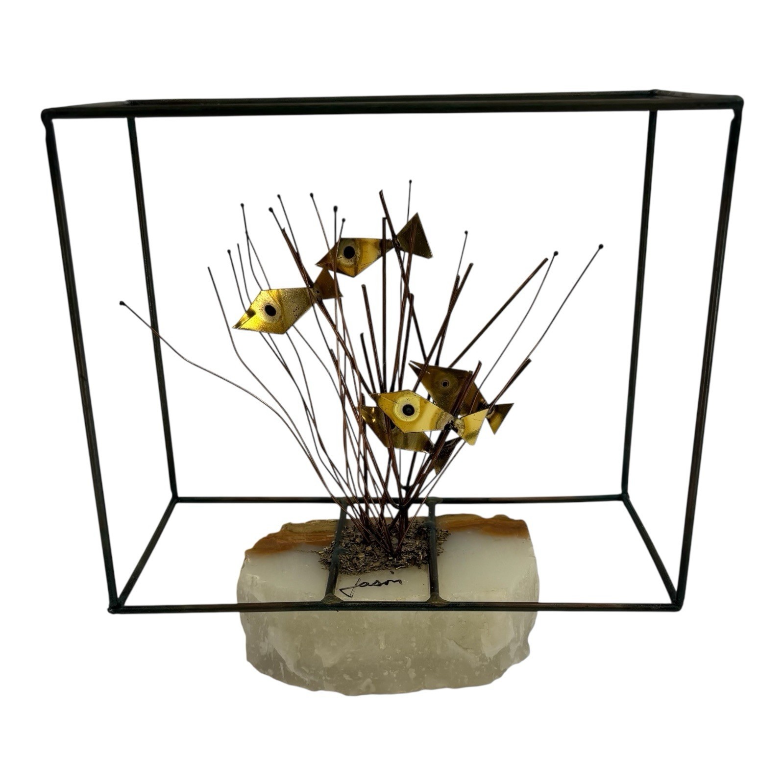 Vintage Mario Jason Fish Sculpture Aquarium Scene Onyx Base Signed MCM