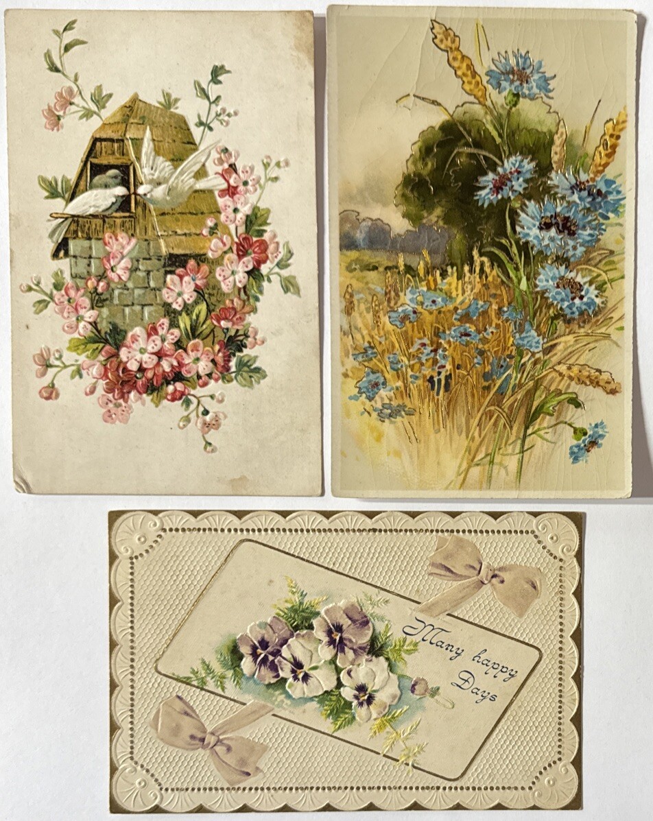 Antique Postcard Lot x3 Flowers Birds and Birdhouse Early 1900s
