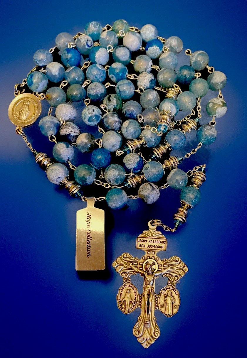 Semi Precious Blue Fire Agate 10mm Stone Rosary Creed Center Pardon Crucifix