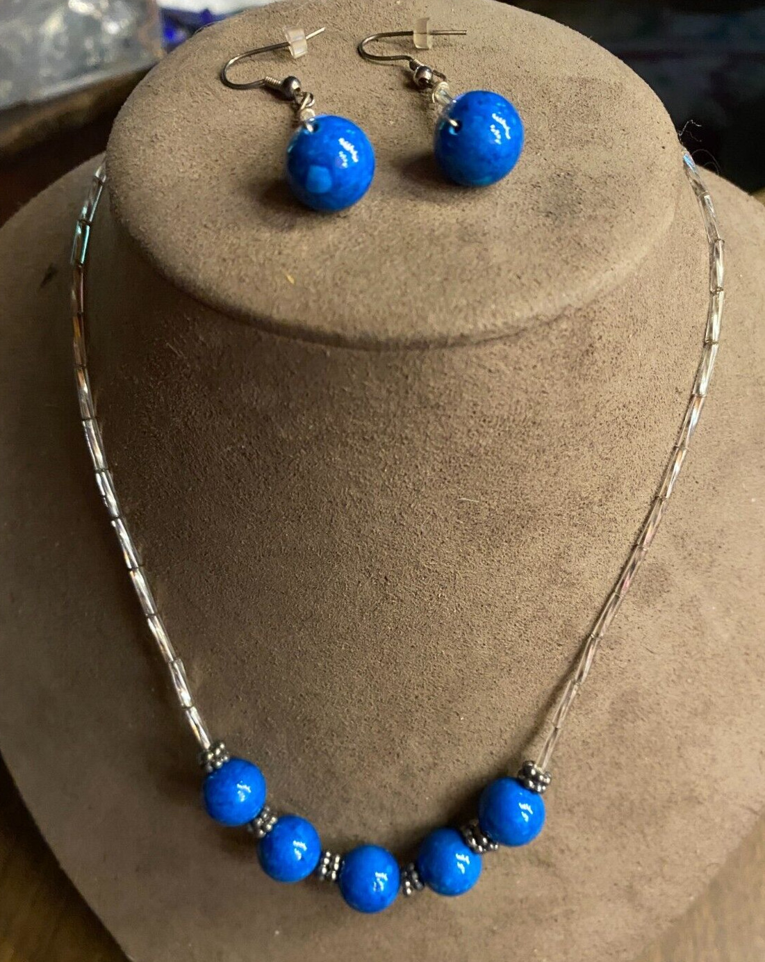 NOS Dark Blue Glass Bead Necklace 16" & Pierced Dangle Earring Set