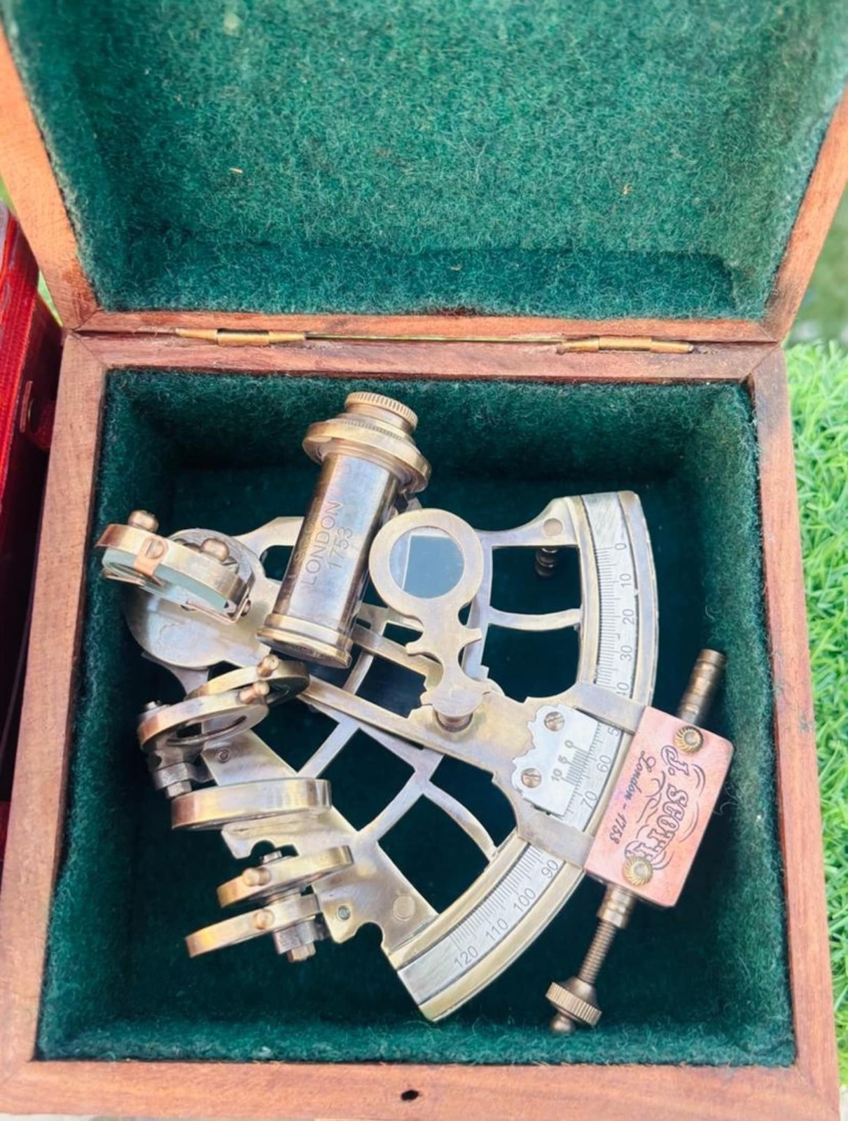 Engraved Brass Sextant: Handmade Nautical Navigation Instrument with Wooden Box
