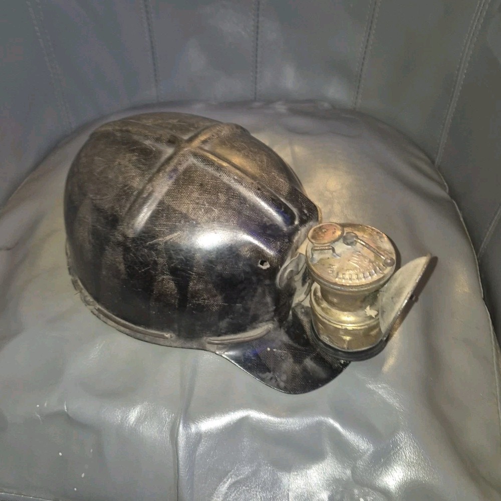 Vintage Miner’s Hard Hat with Carbide Lamp Collectible Mining Equipment