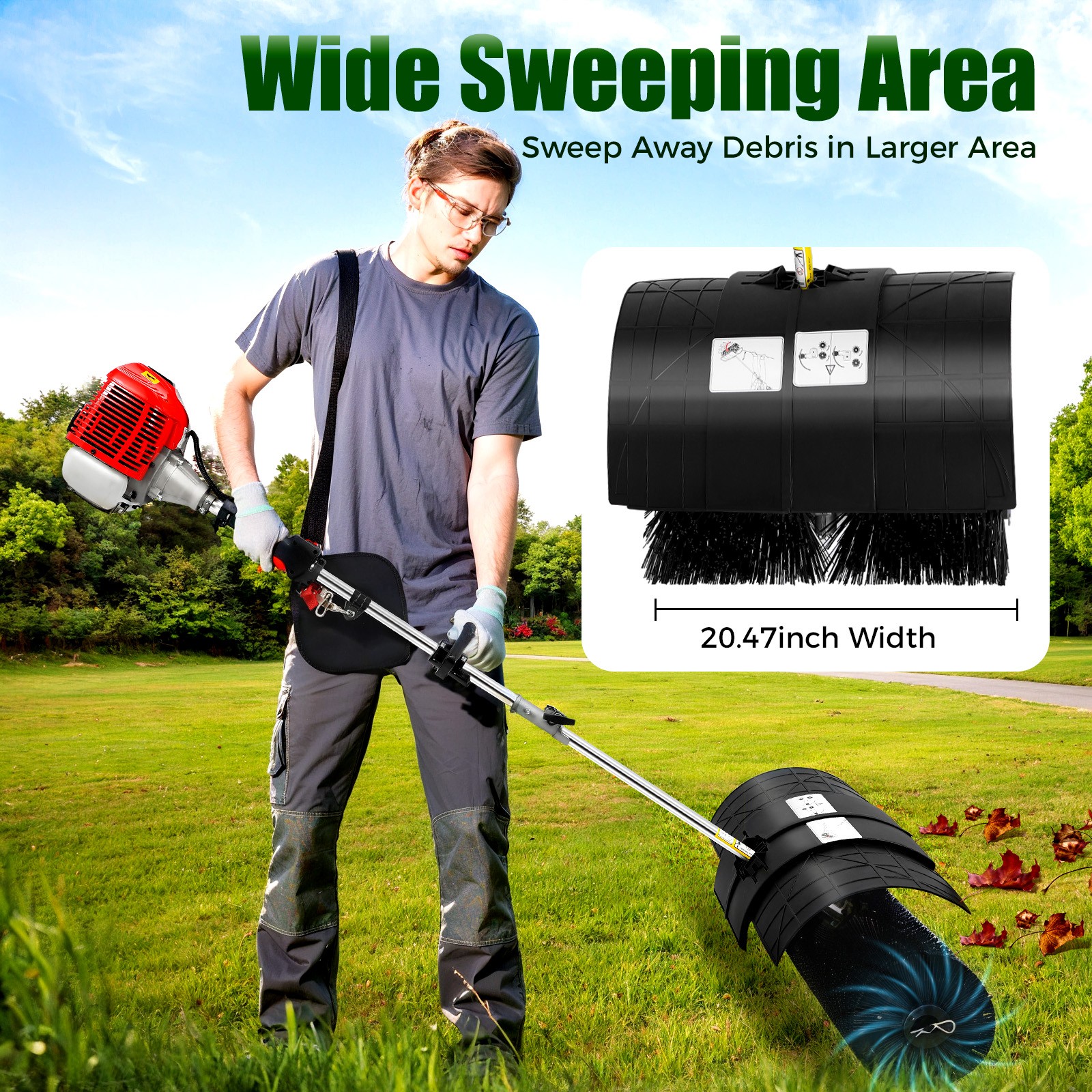 Heavy Duty 2 3HP Power Sweeper 52cc Handheld Gas Powered Broom Snow Dirt Walkway
