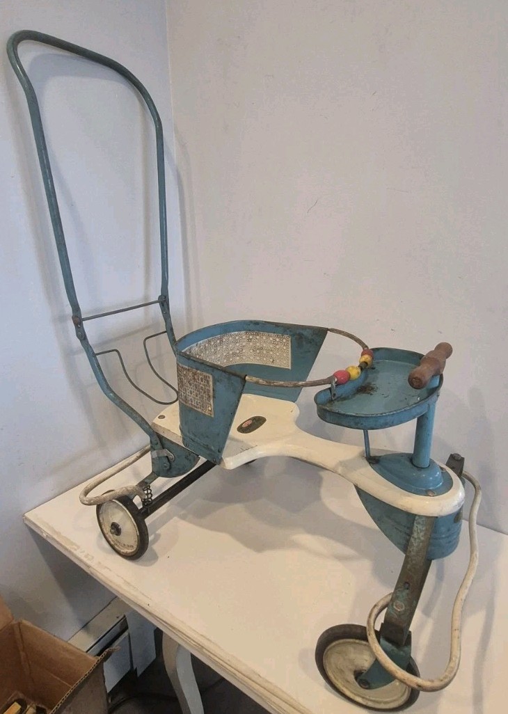 Vintage 1940s Taylor Tot  Metal Wood Baby Stroller Walker blue White Child Buggy